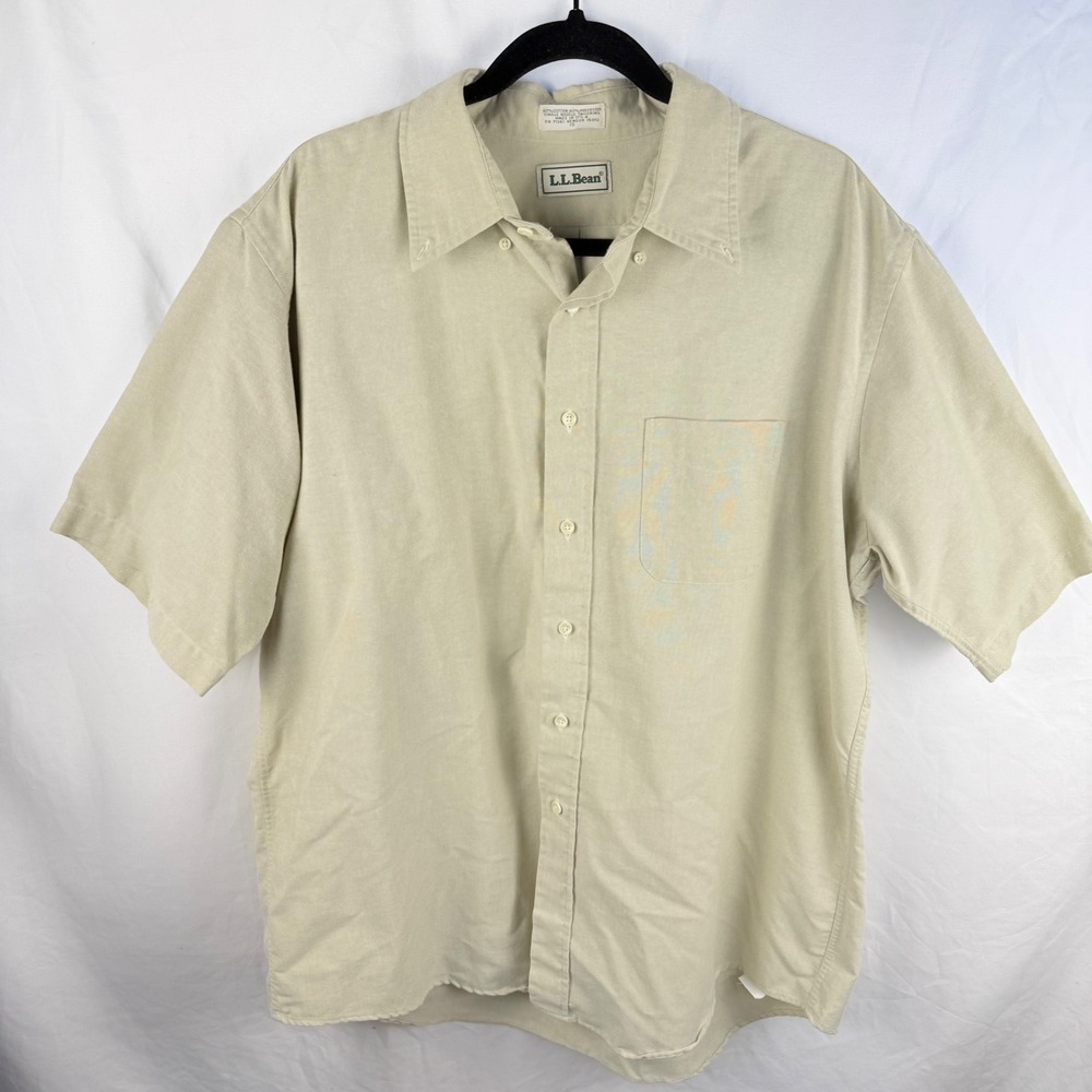 Vintage 90s LL Bean Khaki Cotton Blend Button Down Made‎ in USA Short Sleeve XXL
